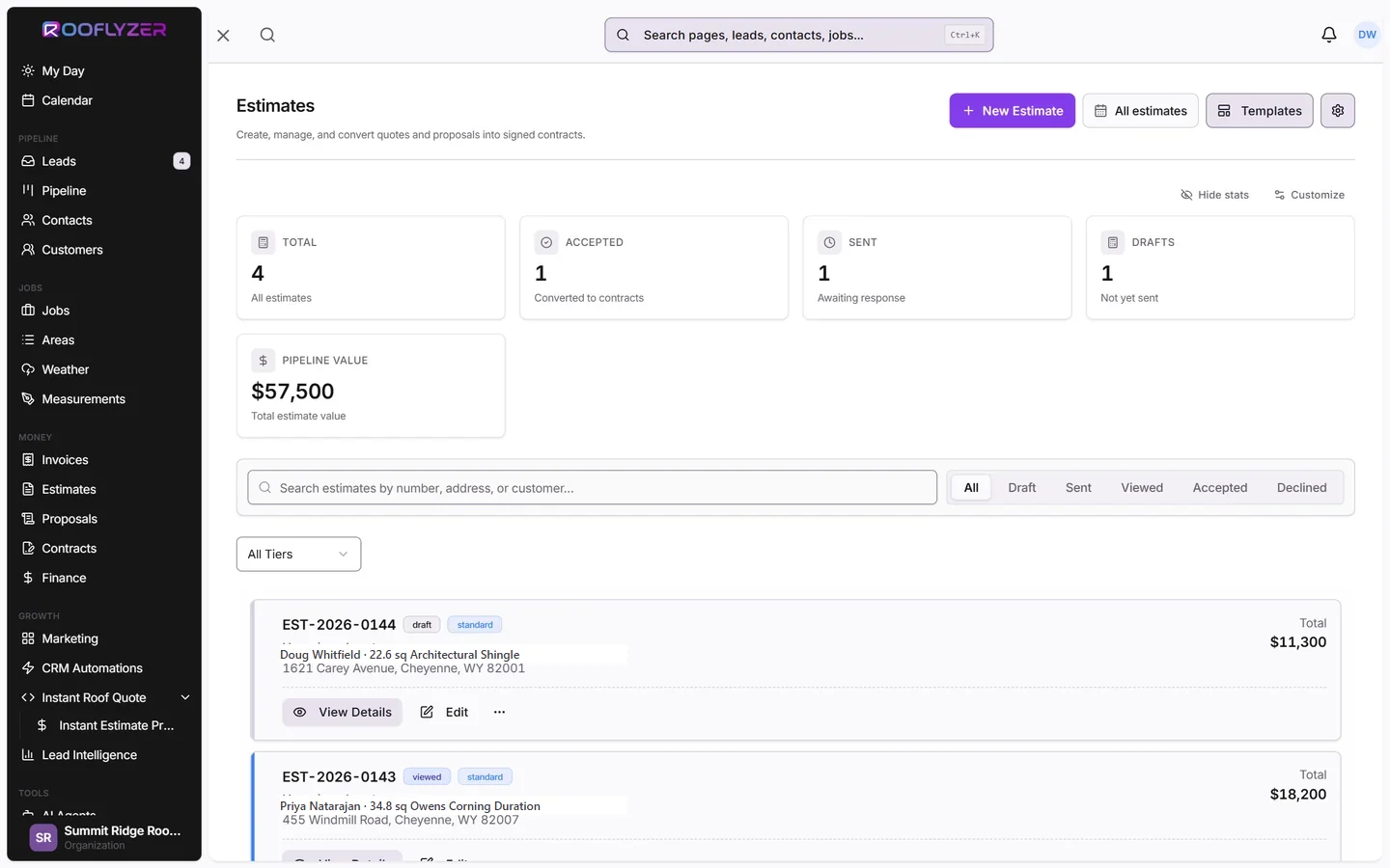Rooflyzer proposal builder with tiered pricing options