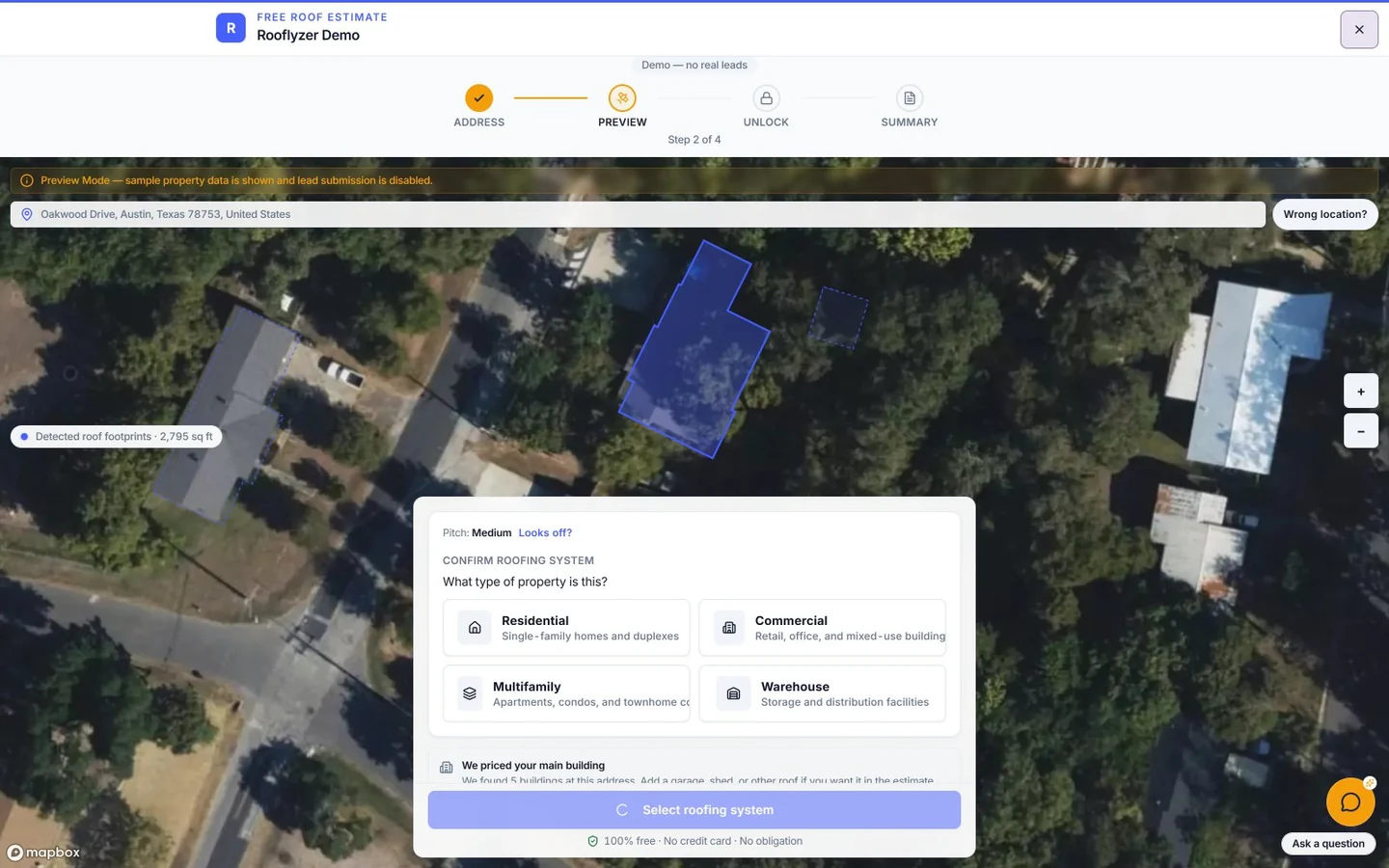 Instant estimate widget detecting a roof footprint from satellite imagery