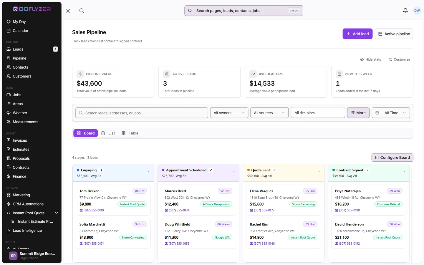 Rooflyzer CRM pipeline and contact management view